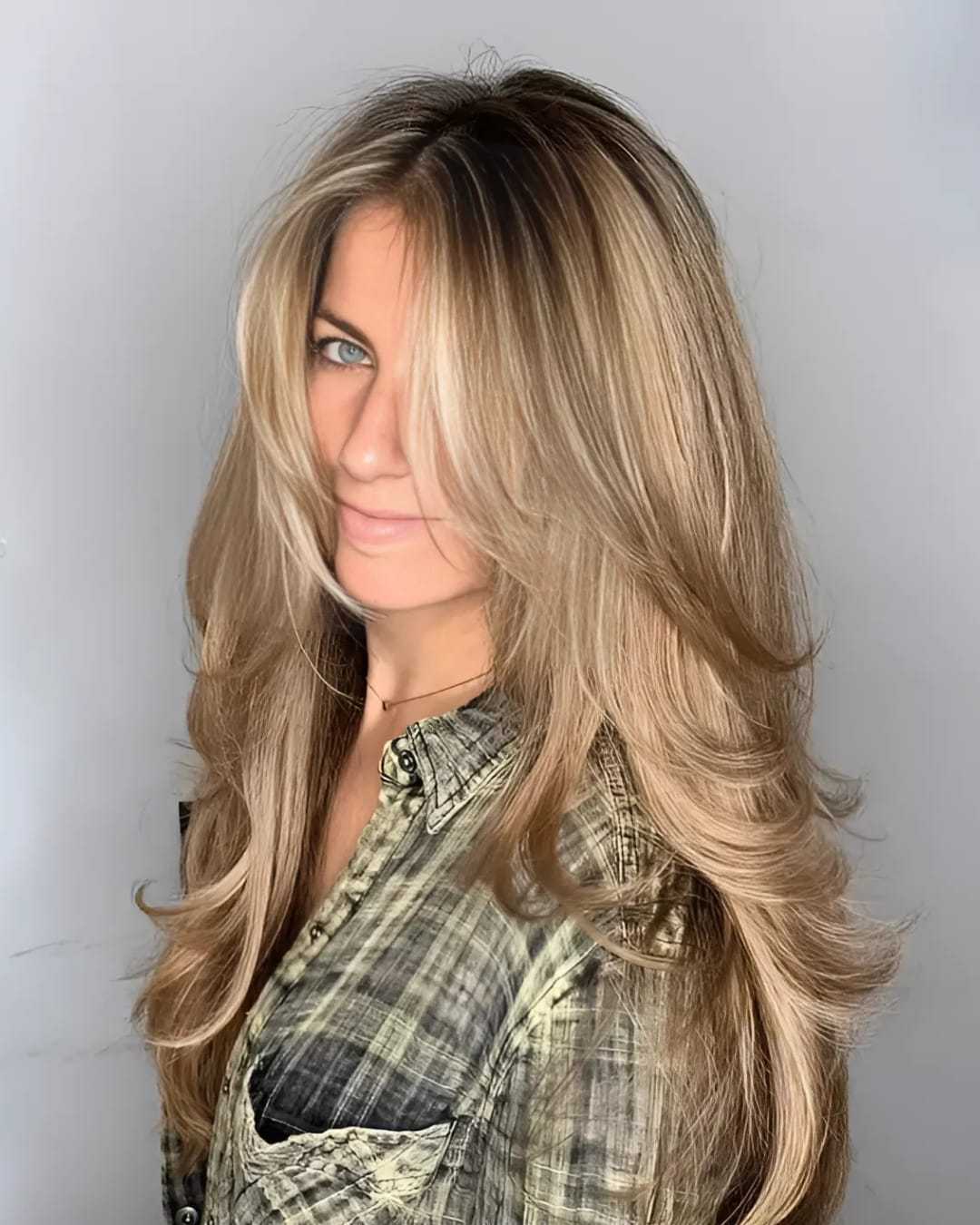 Woman with long, wavy blonde hair, wearing a plaid shirt, smiling softly at the camera.