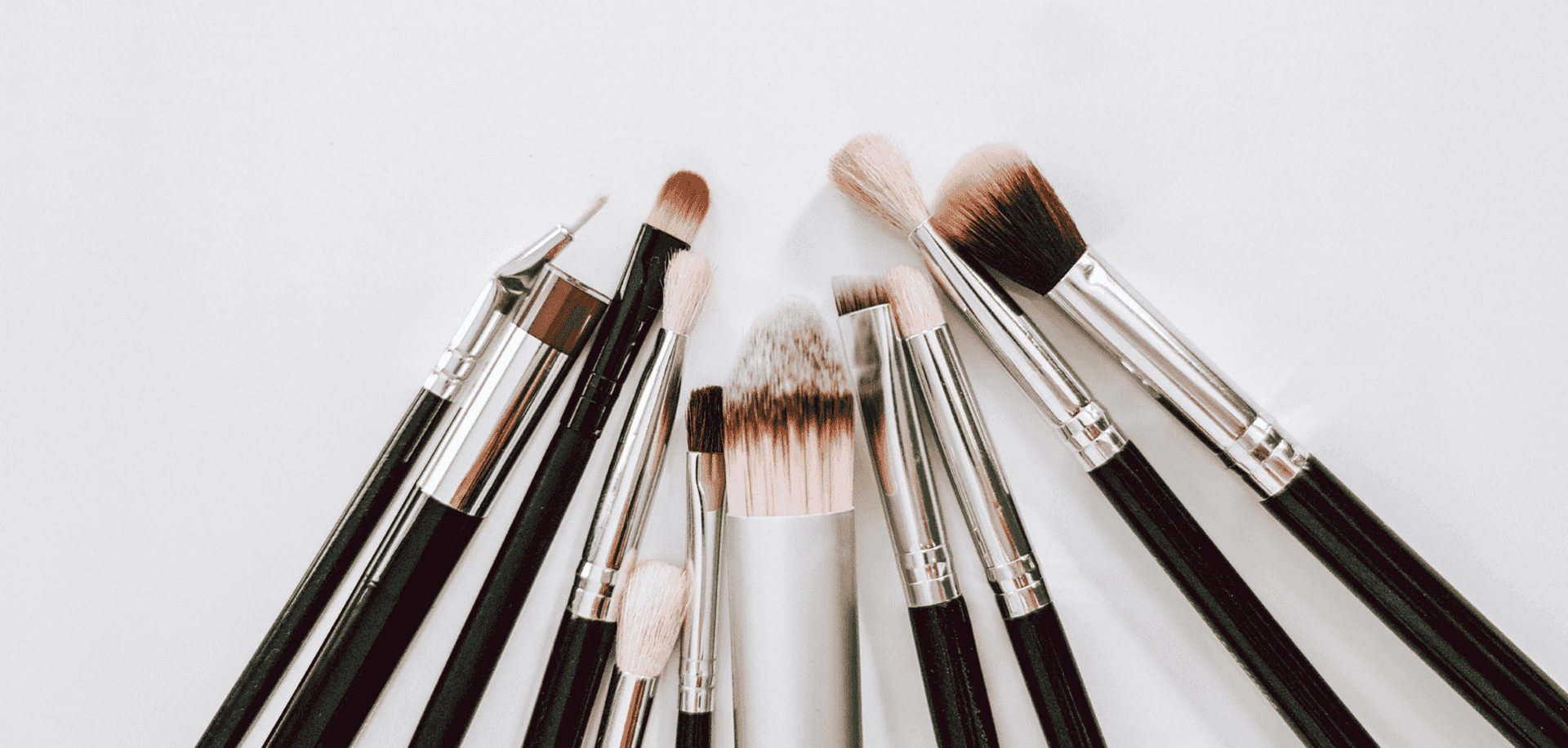 A set of various makeup brushes arranged in a fan layout on a white background.